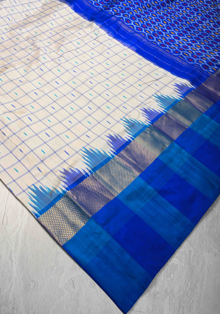 Off White  Ikkat Silk Saree with with Checks and Zari Panel on Multicolor Pallum Pazhamum Border | SILK MARK CERTIFIED