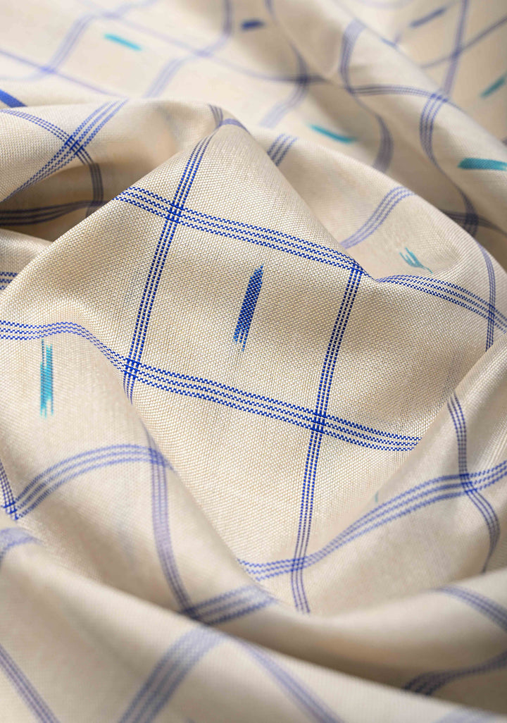 Off White  Ikkat Silk Saree with with Checks and Zari Panel on Multicolor Pallum Pazhamum Border | SILK MARK CERTIFIED
