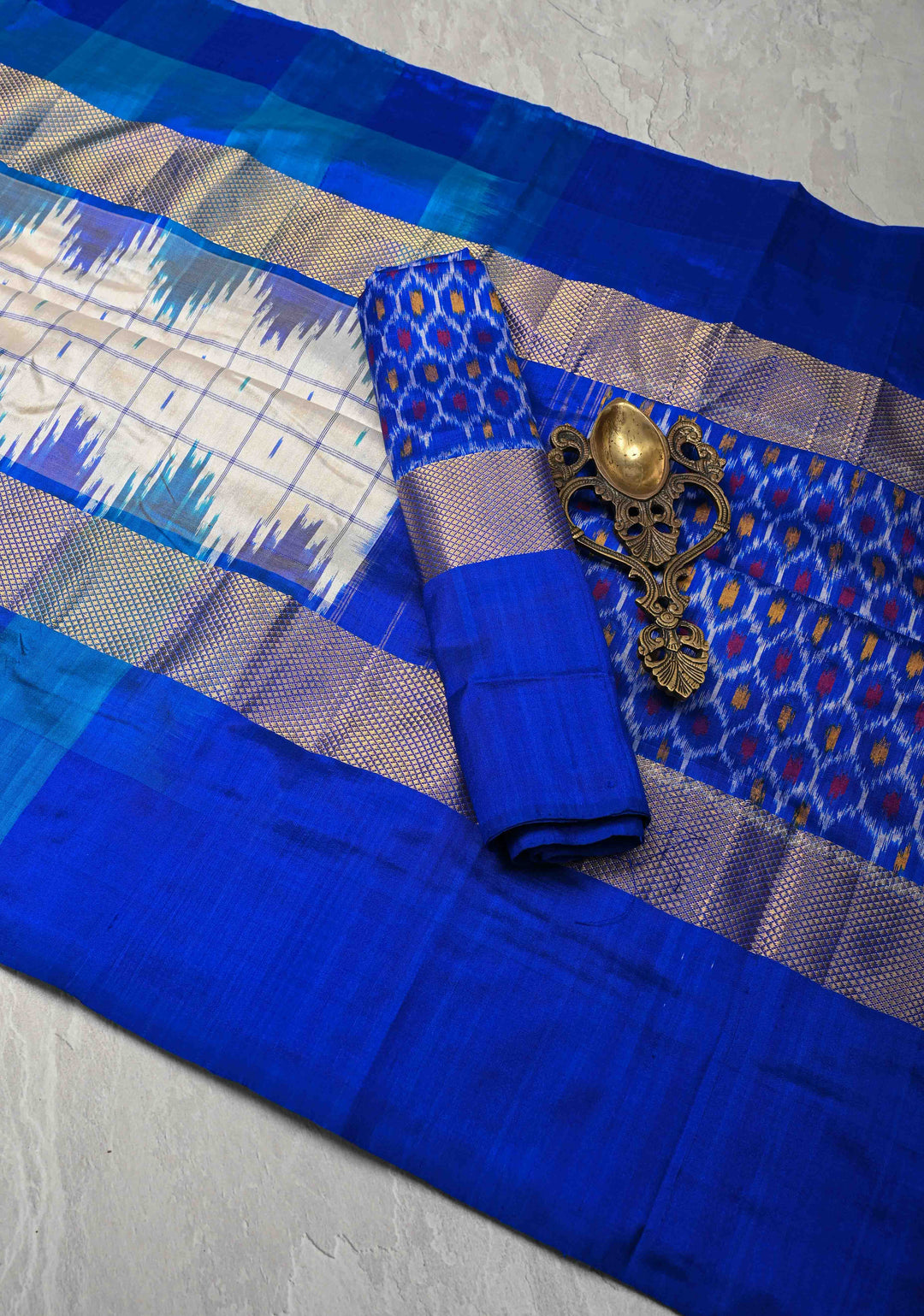 Off White  Ikkat Silk Saree with with Checks and Zari Panel on Multicolor Pallum Pazhamum Border | SILK MARK CERTIFIED
