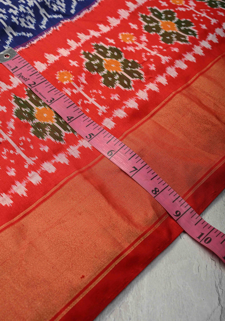 Indonesian pattern Navy Blue Pochampally Ikkat Pure Brocade Silk Saree  and Contrast Panel Zari Border | SILK MARK CERTIFIED