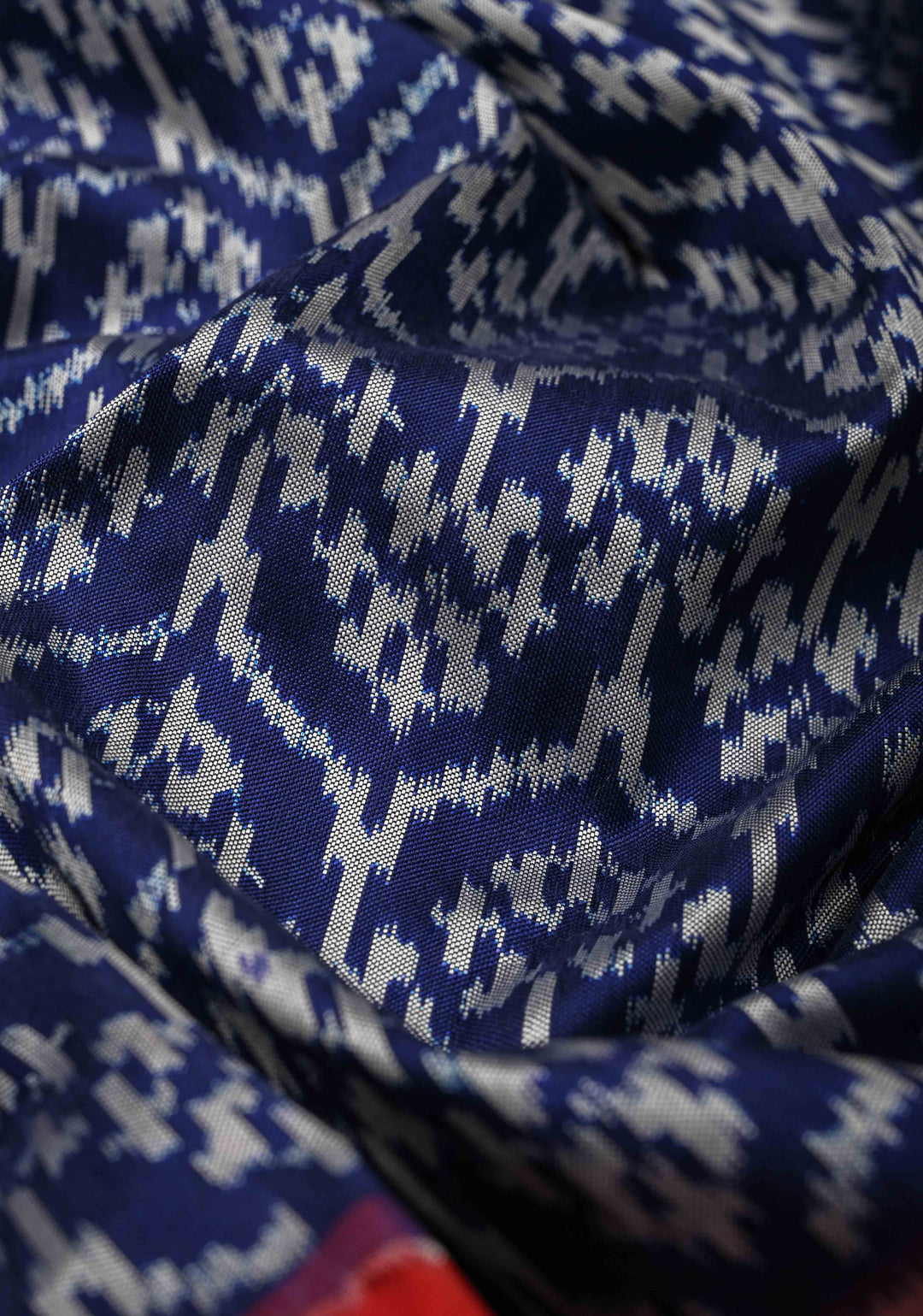 Indonesian pattern Navy Blue Pochampally Ikkat Pure Brocade Silk Saree  and Contrast Panel Zari Border | SILK MARK CERTIFIED