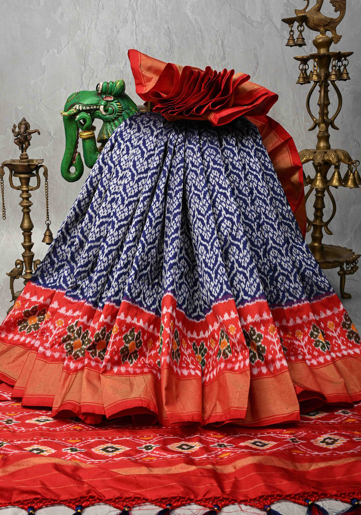 Indonesian pattern Navy Blue Pochampally Ikkat Pure Brocade Silk Saree  and Contrast Panel Zari Border | SILK MARK CERTIFIED