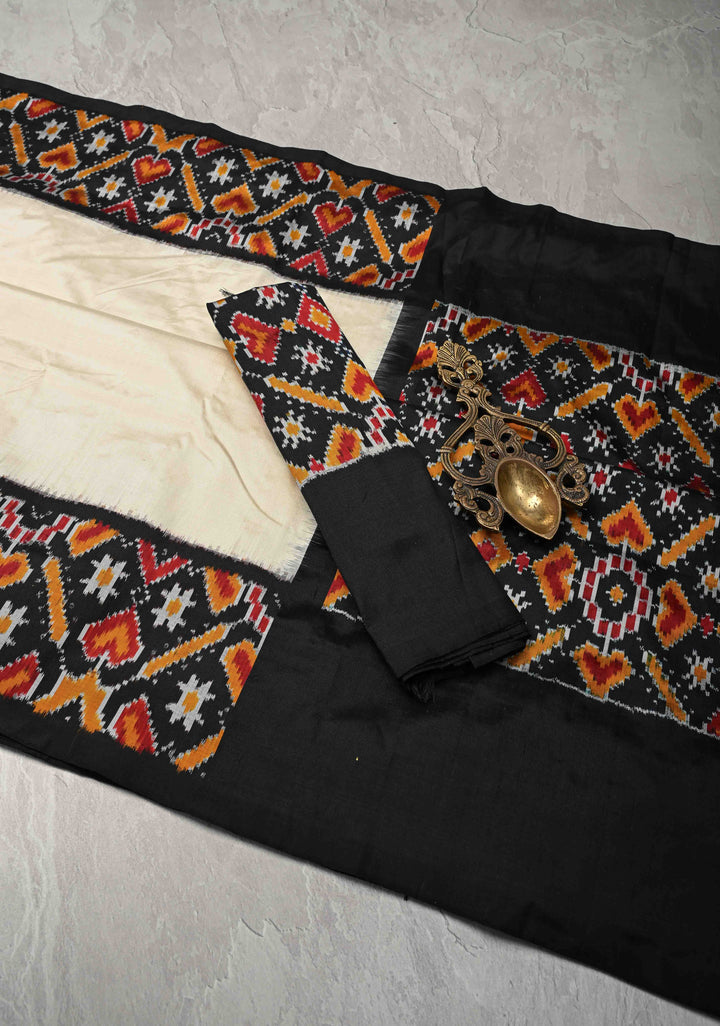 Ivory Pochampally Ikkat Pure Silk Saree with Contrast Ikkat Weave Border  | SILK MARK CERTIFIED