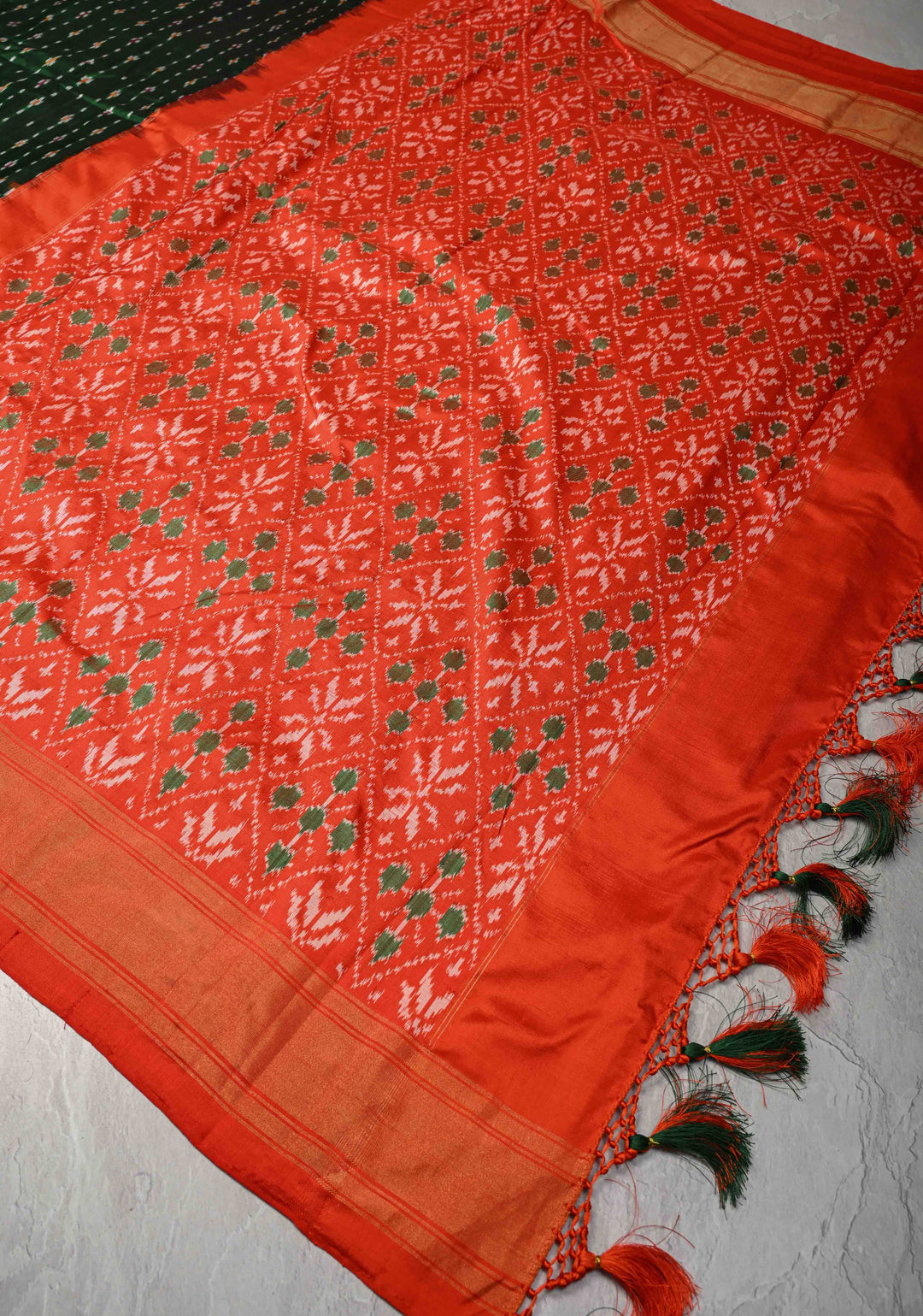 Dark Green Pochampally Ikkat Pure Silk Saree with Ikkat weave and Contrast Paithani Style Border | SILK MARK CERTIFIED