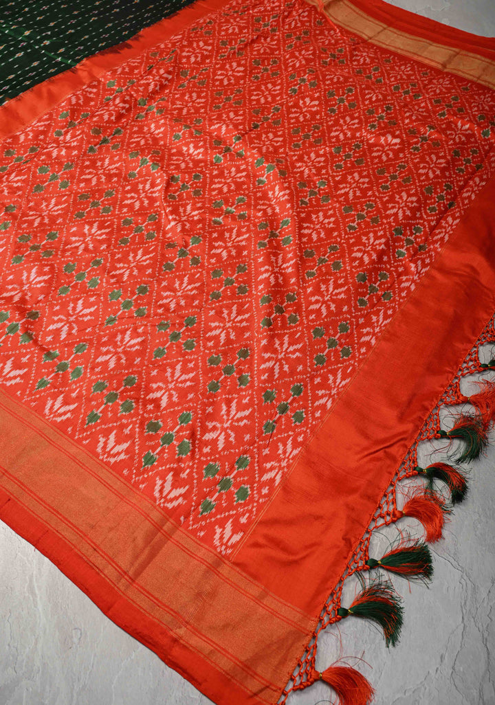 Dark Green Pochampally Ikkat Pure Silk Saree with Ikkat weave and Contrast Paithani Style Border | SILK MARK CERTIFIED