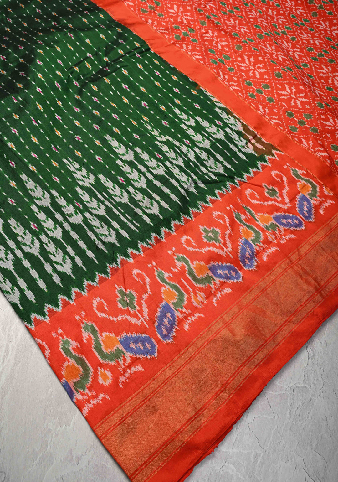 Dark Green Pochampally Ikkat Pure Silk Saree with Ikkat weave and Contrast Paithani Style Border | SILK MARK CERTIFIED