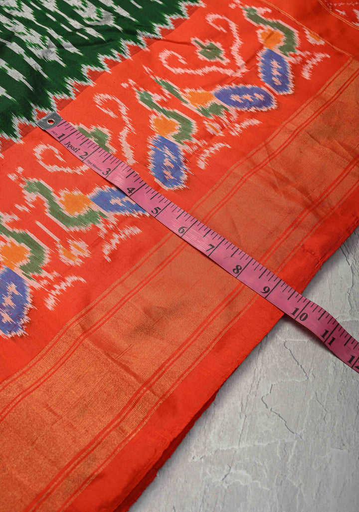 Dark Green Pochampally Ikkat Pure Silk Saree with Ikkat weave and Contrast Paithani Style Border | SILK MARK CERTIFIED