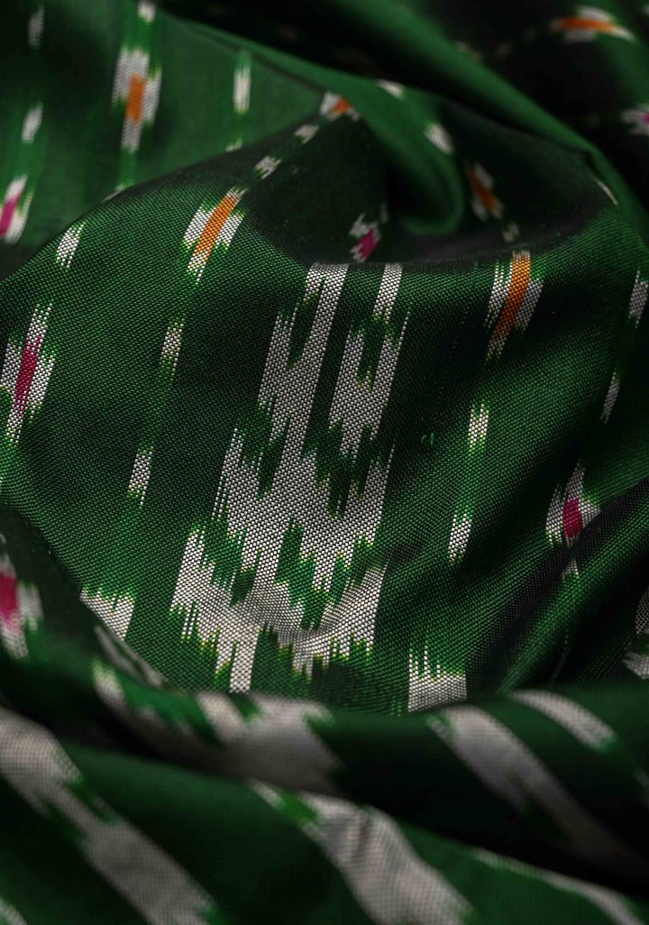 Dark Green Pochampally Ikkat Pure Silk Saree with Ikkat weave and Contrast Paithani Style Border | SILK MARK CERTIFIED
