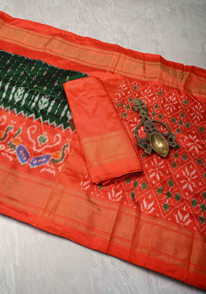 Dark Green Pochampally Ikkat Pure Silk Saree with Ikkat weave and Contrast Paithani Style Border | SILK MARK CERTIFIED