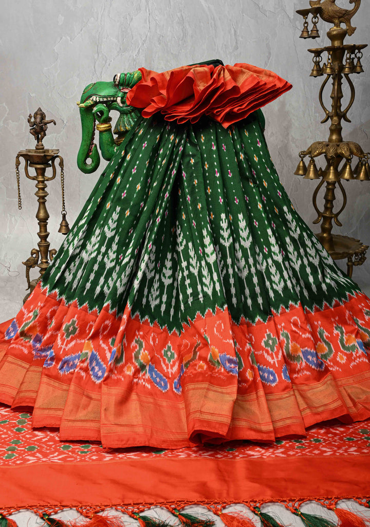 Dark Green Pochampally Ikkat Pure Silk Saree with Ikkat weave and Contrast Paithani Style Border | SILK MARK CERTIFIED