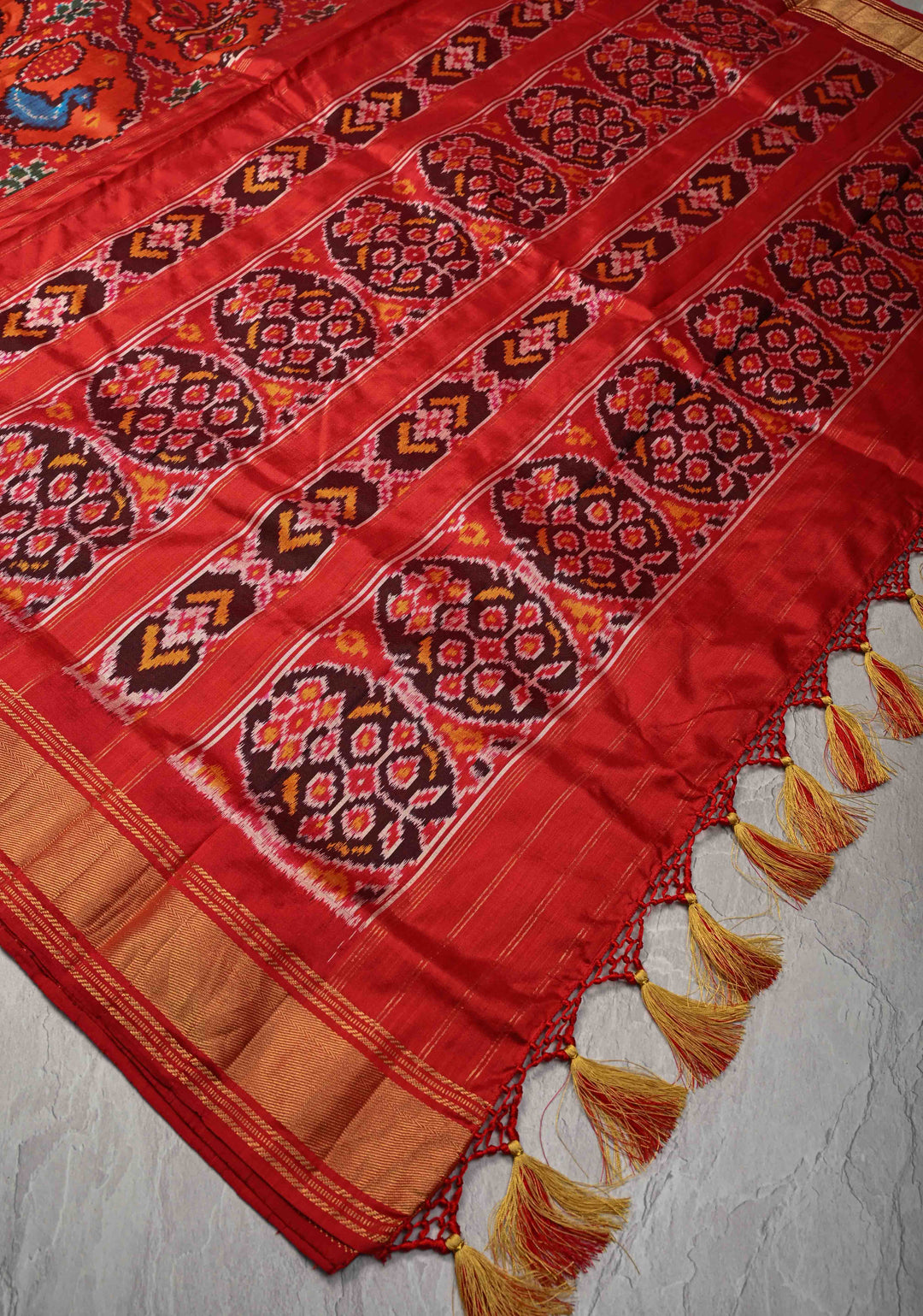 Fiery Orange Pochampally Ikkat Pure Silk Saree with Vanasingarm Patola Brocade and Zari Border | SILK MARK CERTIFIED