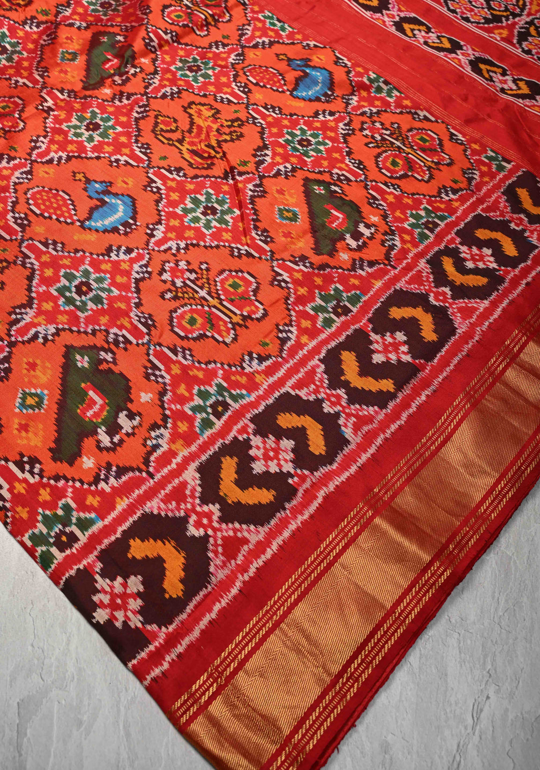 Fiery Orange Pochampally Ikkat Pure Silk Saree with Vanasingarm Patola Brocade and Zari Border | SILK MARK CERTIFIED