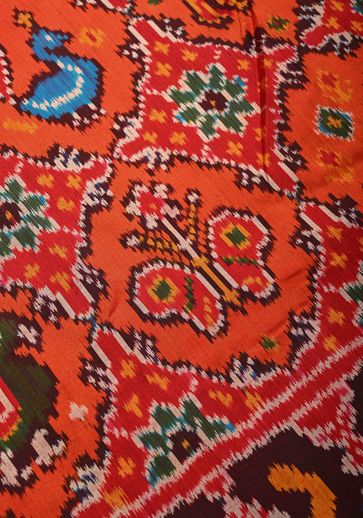 Fiery Orange Pochampally Ikkat Pure Silk Saree with Vanasingarm Patola Brocade and Zari Border | SILK MARK CERTIFIED