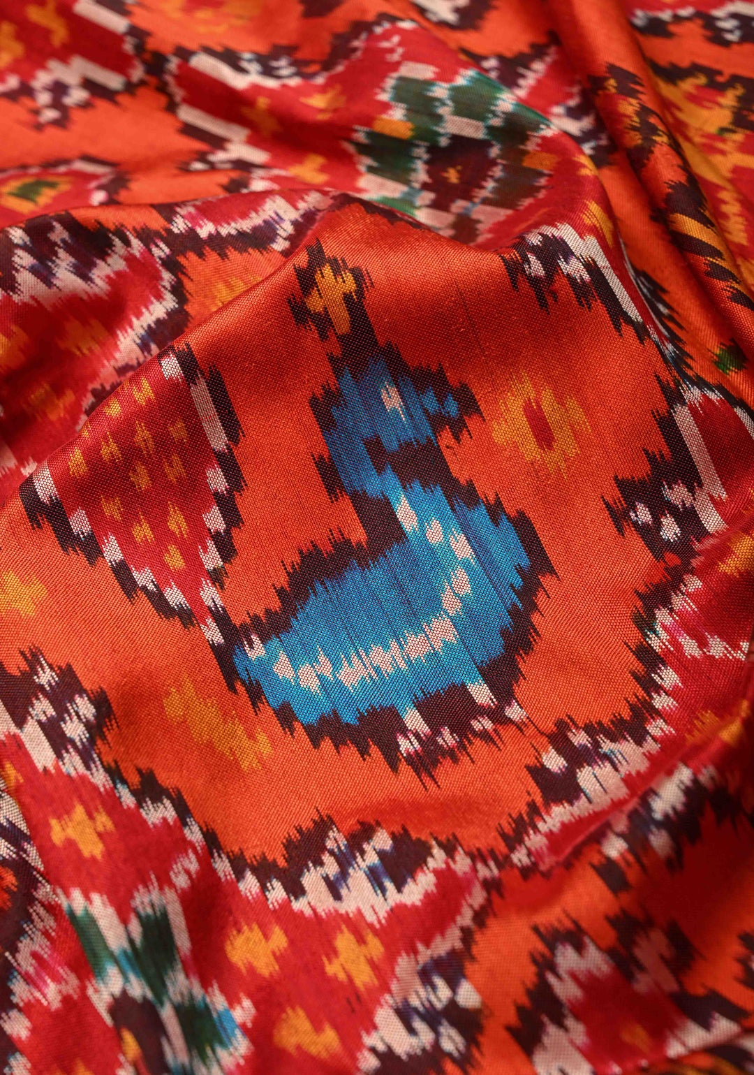 Fiery Orange Pochampally Ikkat Pure Silk Saree with Vanasingarm Patola Brocade and Zari Border | SILK MARK CERTIFIED