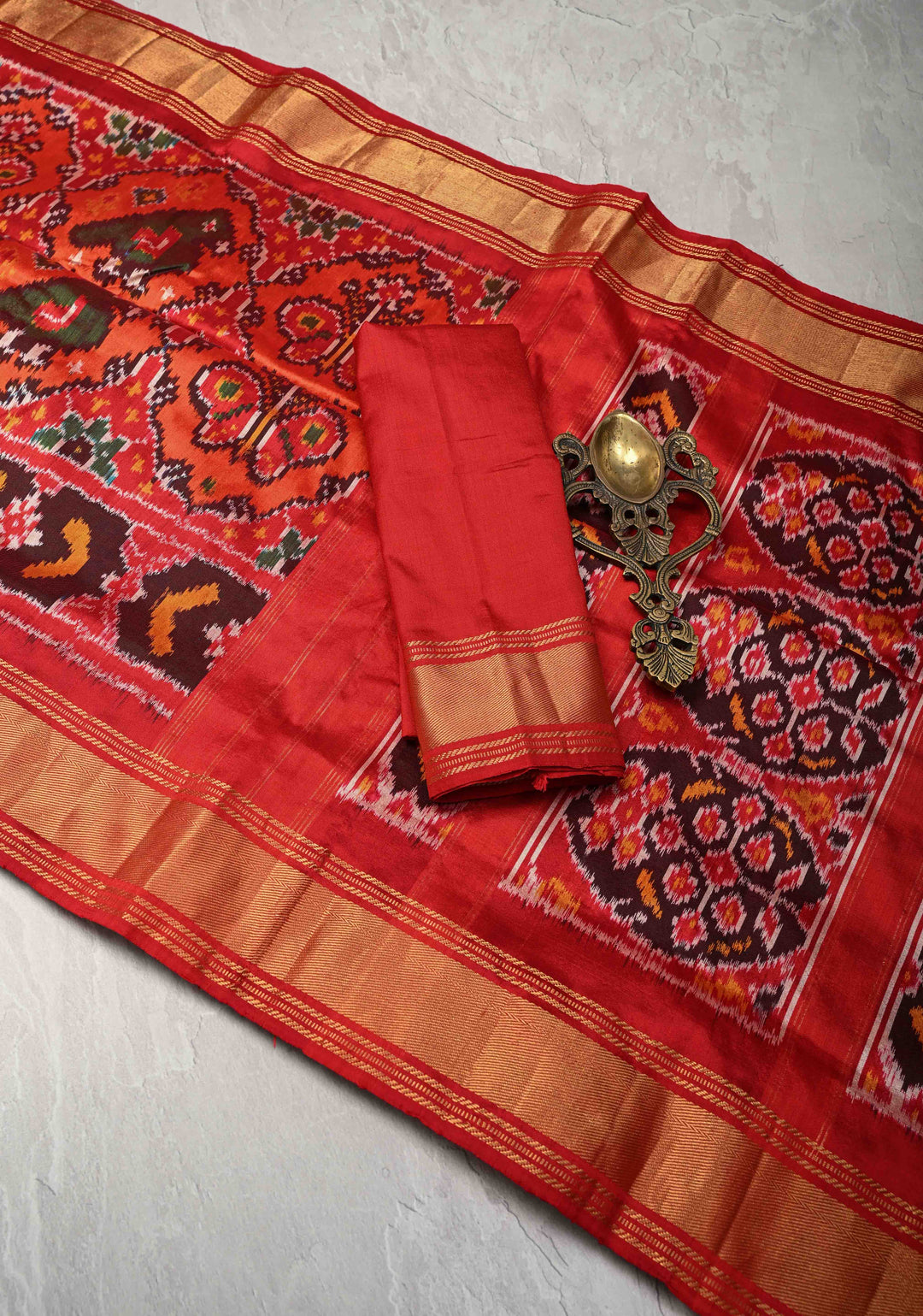 Fiery Orange Pochampally Ikkat Pure Silk Saree with Vanasingarm Patola Brocade and Zari Border | SILK MARK CERTIFIED