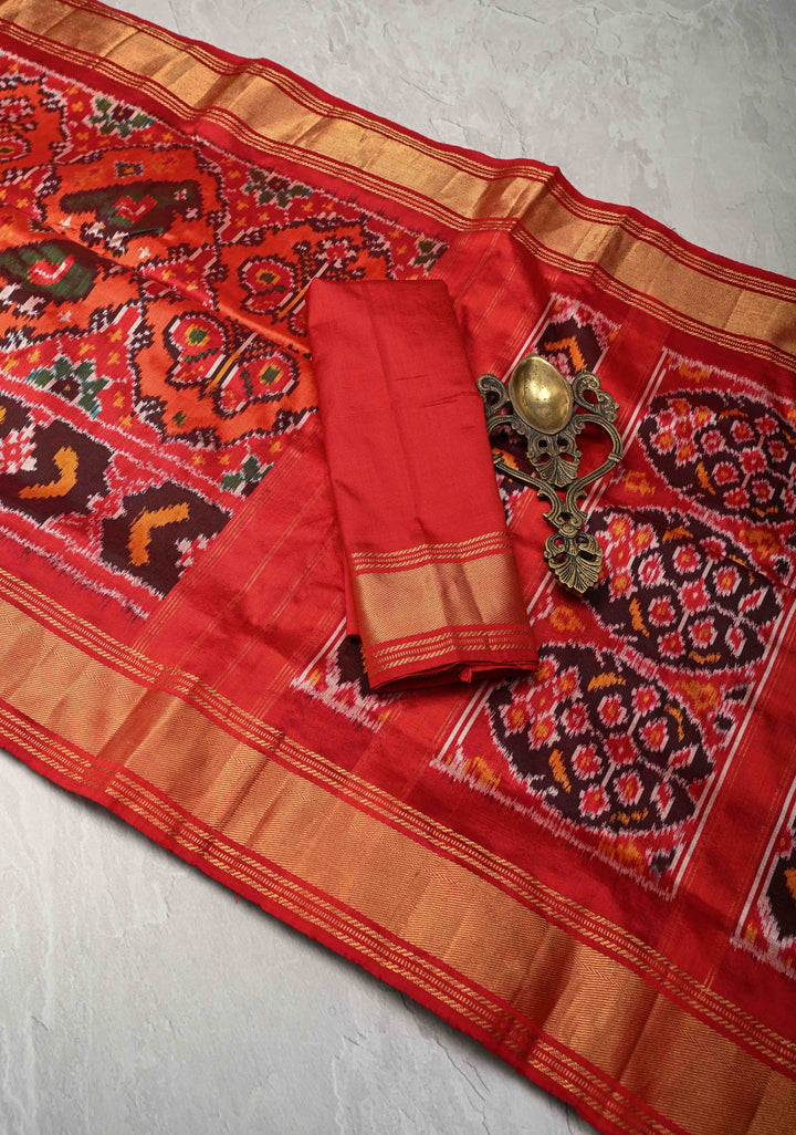 Fiery Orange Pochampally Ikkat Pure Silk Saree with Vanasingarm Patola Brocade and Zari Border | SILK MARK CERTIFIED