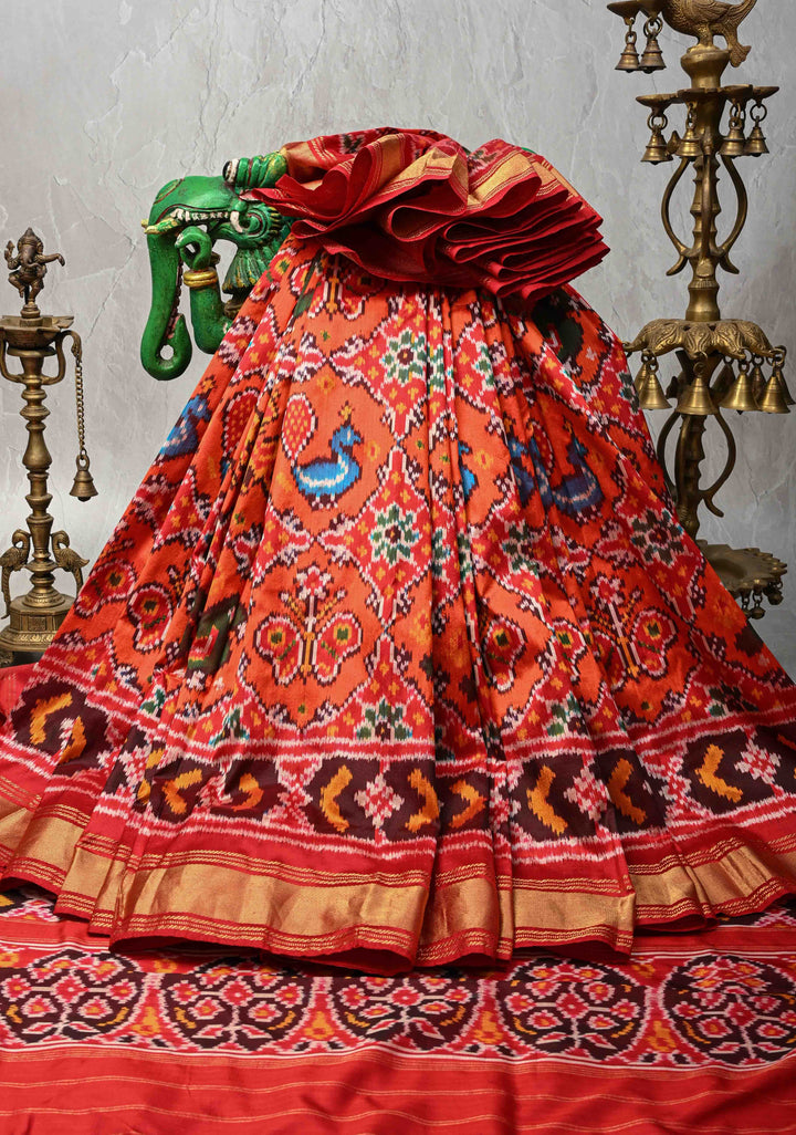 Fiery Orange Pochampally Ikkat Pure Silk Saree with Vanasingarm Patola Brocade and Zari Border | SILK MARK CERTIFIED