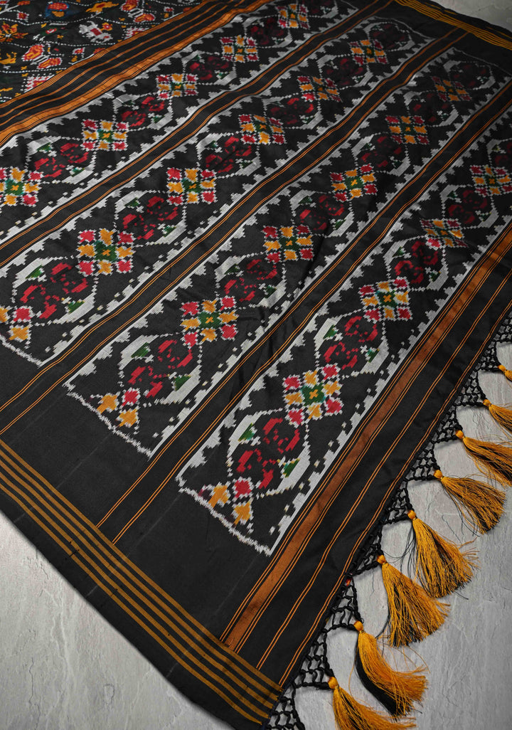 Black Pochampally Ikkat Pure Silk Saree with Leheria pattern and Border  | SILK MARK CERTIFIED