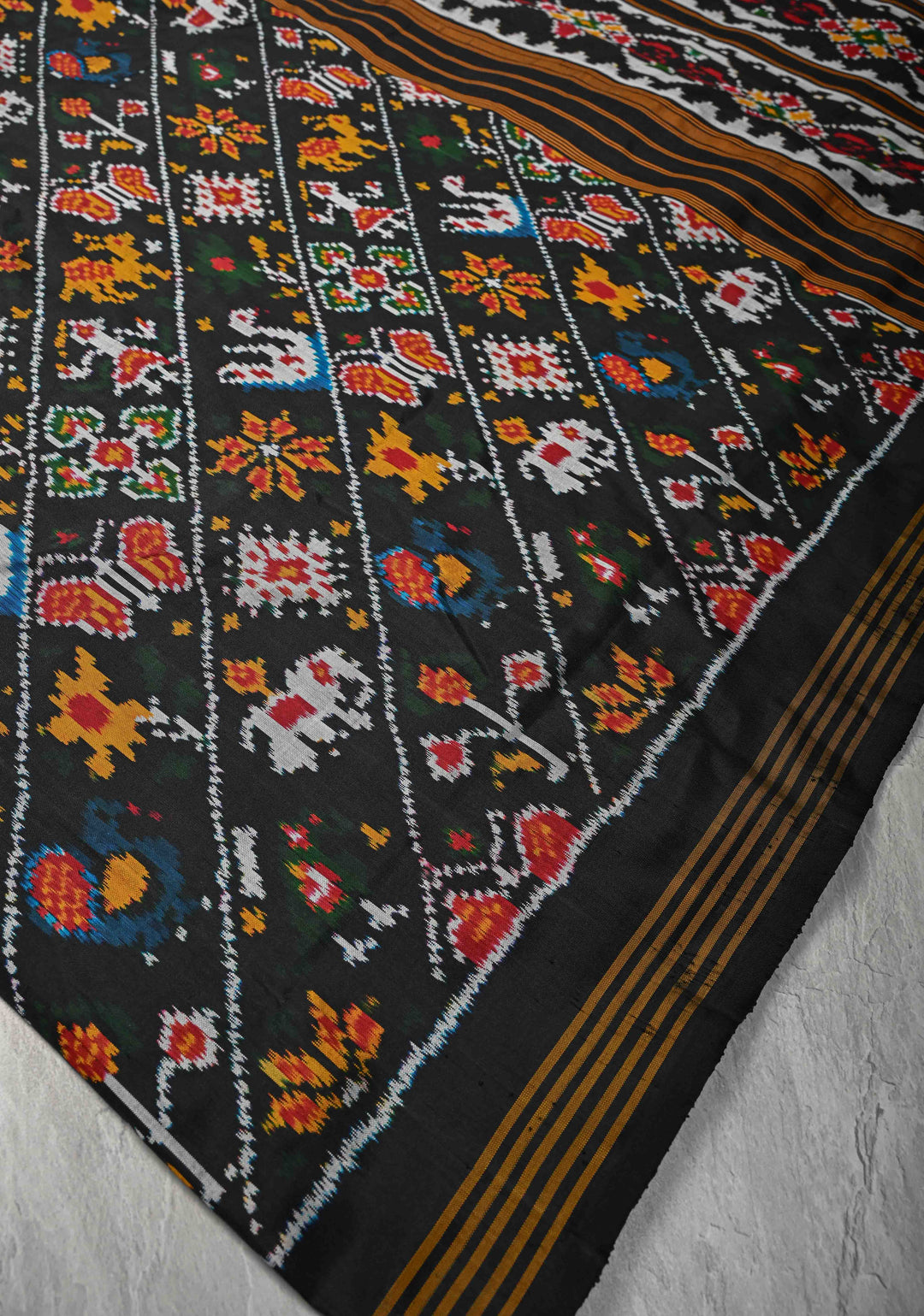 Black Pochampally Ikkat Pure Silk Saree with Leheria pattern and Border  | SILK MARK CERTIFIED