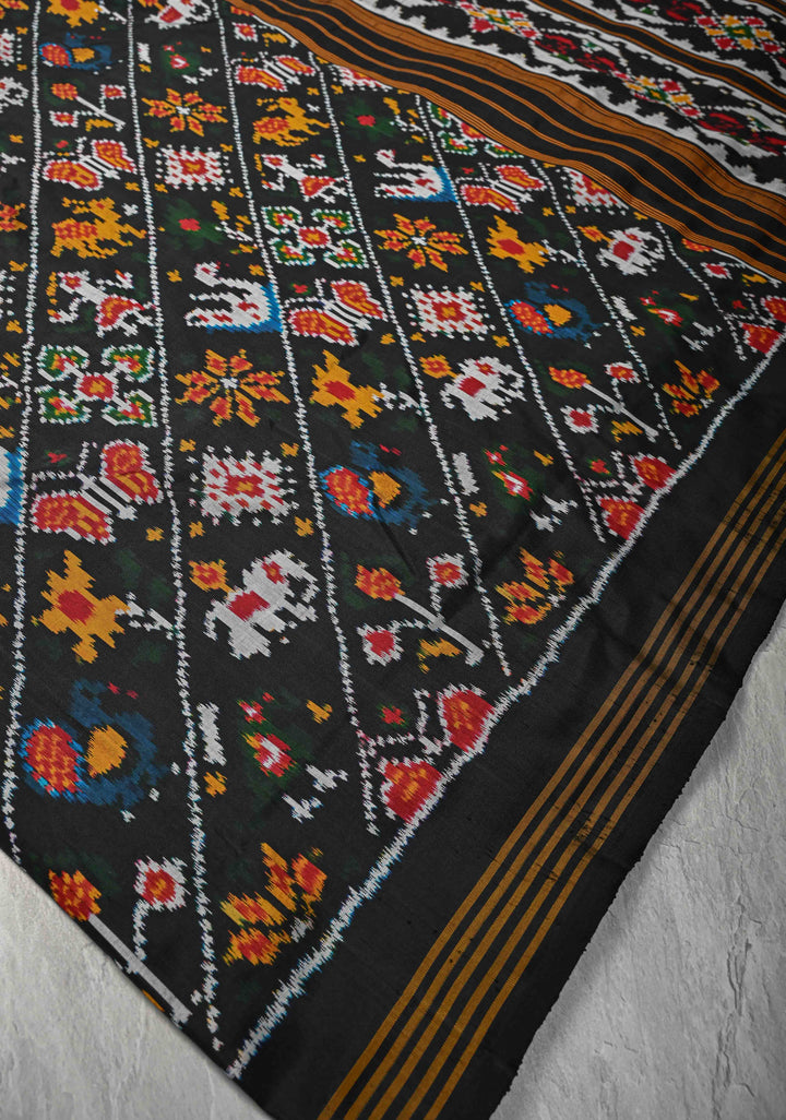 Black Pochampally Ikkat Pure Silk Saree with Leheria pattern and Border  | SILK MARK CERTIFIED
