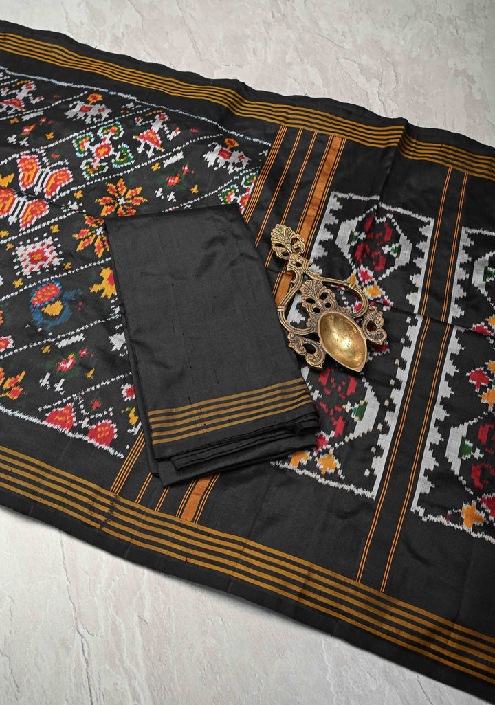 Black Pochampally Ikkat Pure Silk Saree with Leheria pattern and Border  | SILK MARK CERTIFIED