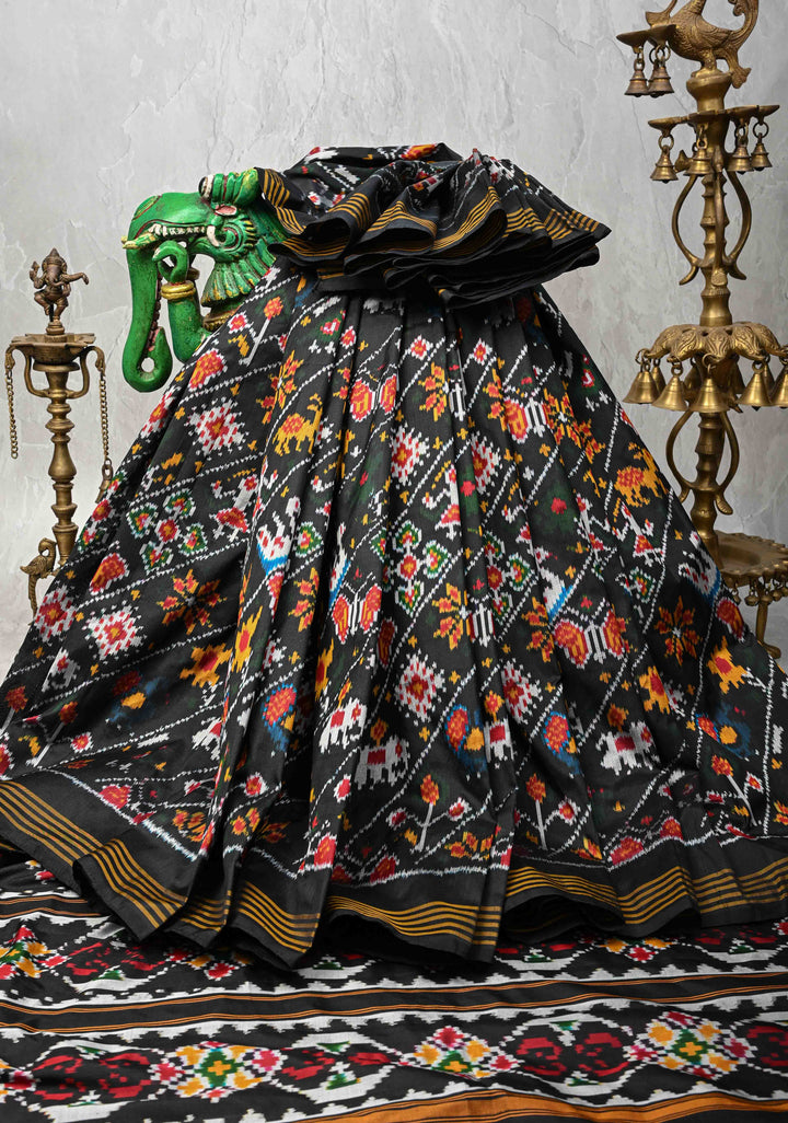 Black Pochampally Ikkat Pure Silk Saree with Leheria pattern and Border  | SILK MARK CERTIFIED