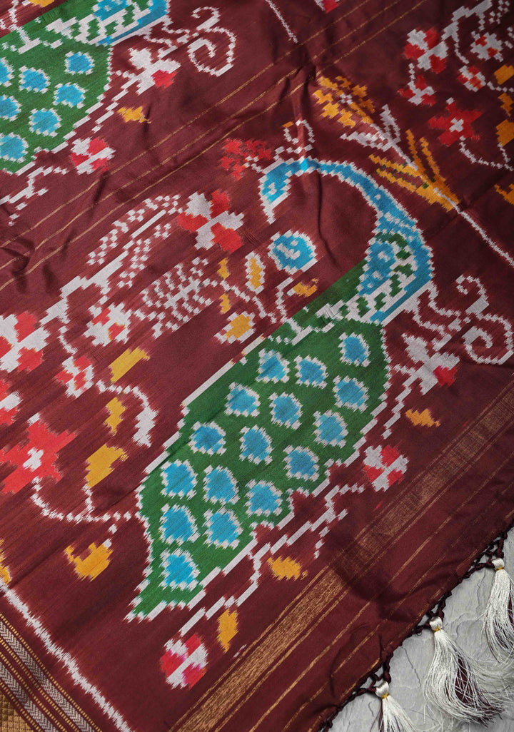 Off White Pochampally Ikkat Pure Silk Saree with Peacock Motifs and Contrast Zari Border | SILK MARK CERTIFIED