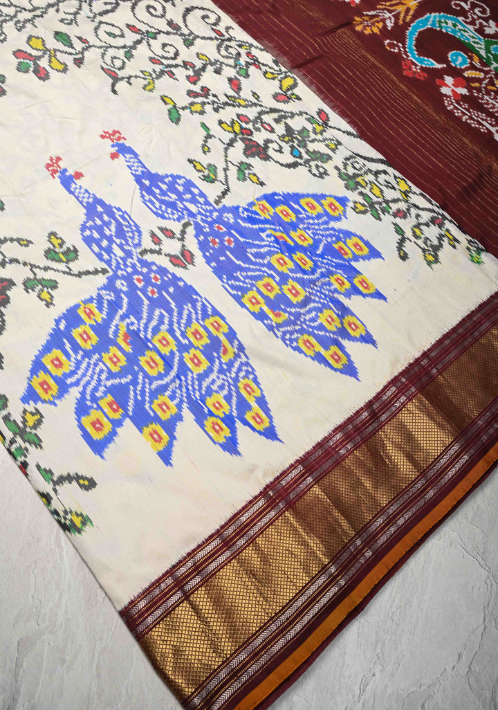 Off White Pochampally Ikkat Pure Silk Saree with Peacock Motifs and Contrast Zari Border | SILK MARK CERTIFIED
