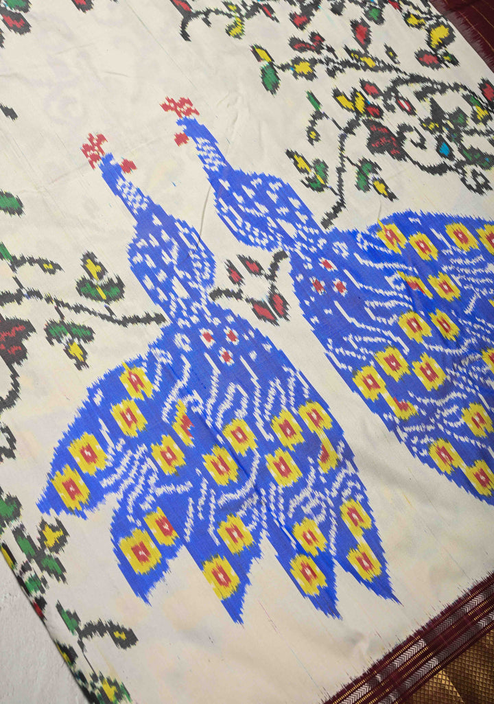 Off White Pochampally Ikkat Pure Silk Saree with Peacock Motifs and Contrast Zari Border | SILK MARK CERTIFIED