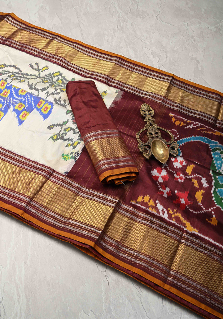 Off White Pochampally Ikkat Pure Silk Saree with Peacock Motifs and Contrast Zari Border | SILK MARK CERTIFIED