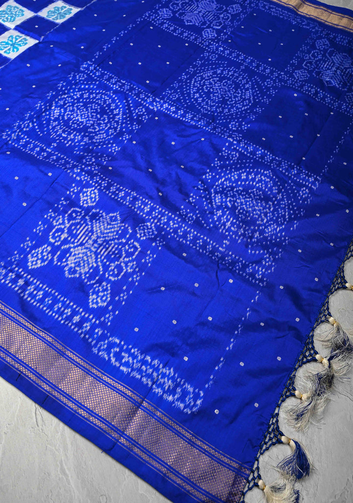 Blue and white Pochampally Ikkat Pure Silk Saree Geometric Brocade and Contrast Zari  Border | SILK MARK CERTIFIED