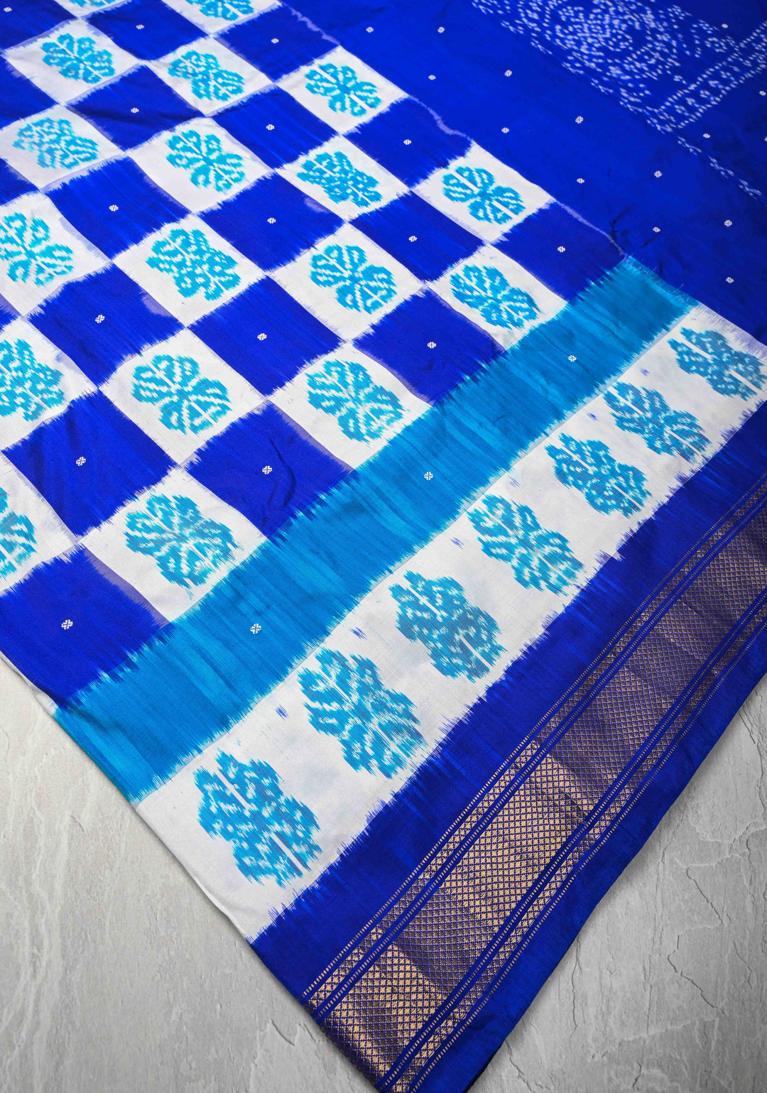 Blue and white Pochampally Ikkat Pure Silk Saree Geometric Brocade and Contrast Zari  Border | SILK MARK CERTIFIED