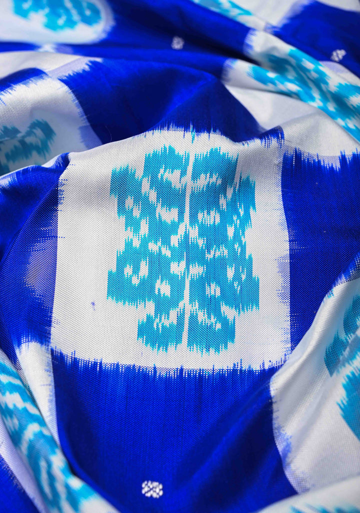 Blue and white Pochampally Ikkat Pure Silk Saree Geometric Brocade and Contrast Zari  Border | SILK MARK CERTIFIED