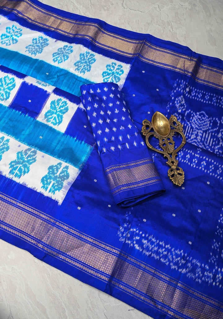 Blue and white Pochampally Ikkat Pure Silk Saree Geometric Brocade and Contrast Zari  Border | SILK MARK CERTIFIED