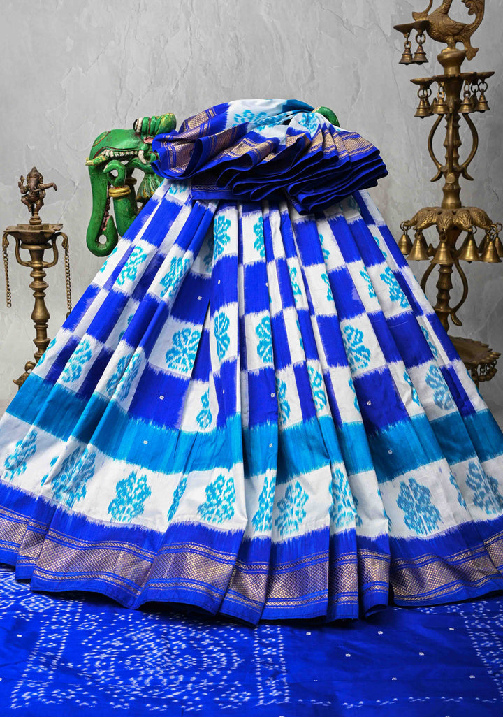 Blue and white Pochampally Ikkat Pure Silk Saree Geometric Brocade and Contrast Zari  Border | SILK MARK CERTIFIED