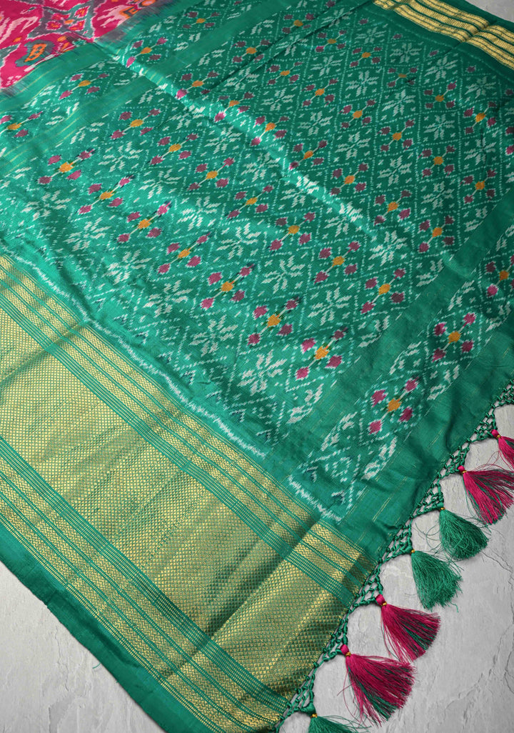 Pink Pochampally Ikkat Pure Silk Saree Patola Brocade and Contrast Zari  Border | SILK MARK CERTIFIED