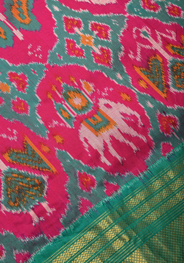 Pink Pochampally Ikkat Pure Silk Saree Patola Brocade and Contrast Zari  Border | SILK MARK CERTIFIED