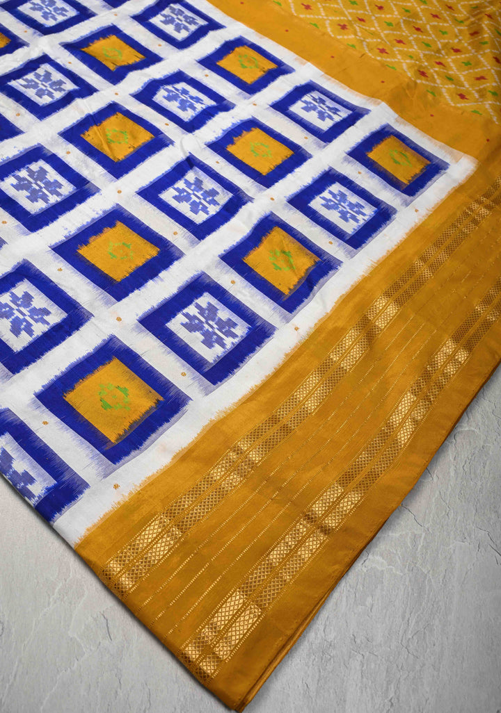 Off White Pochampally Ikkat Pure Silk Saree with Geometric Pattern and Contrast Zari Border | SILK MARK CERTIFIED