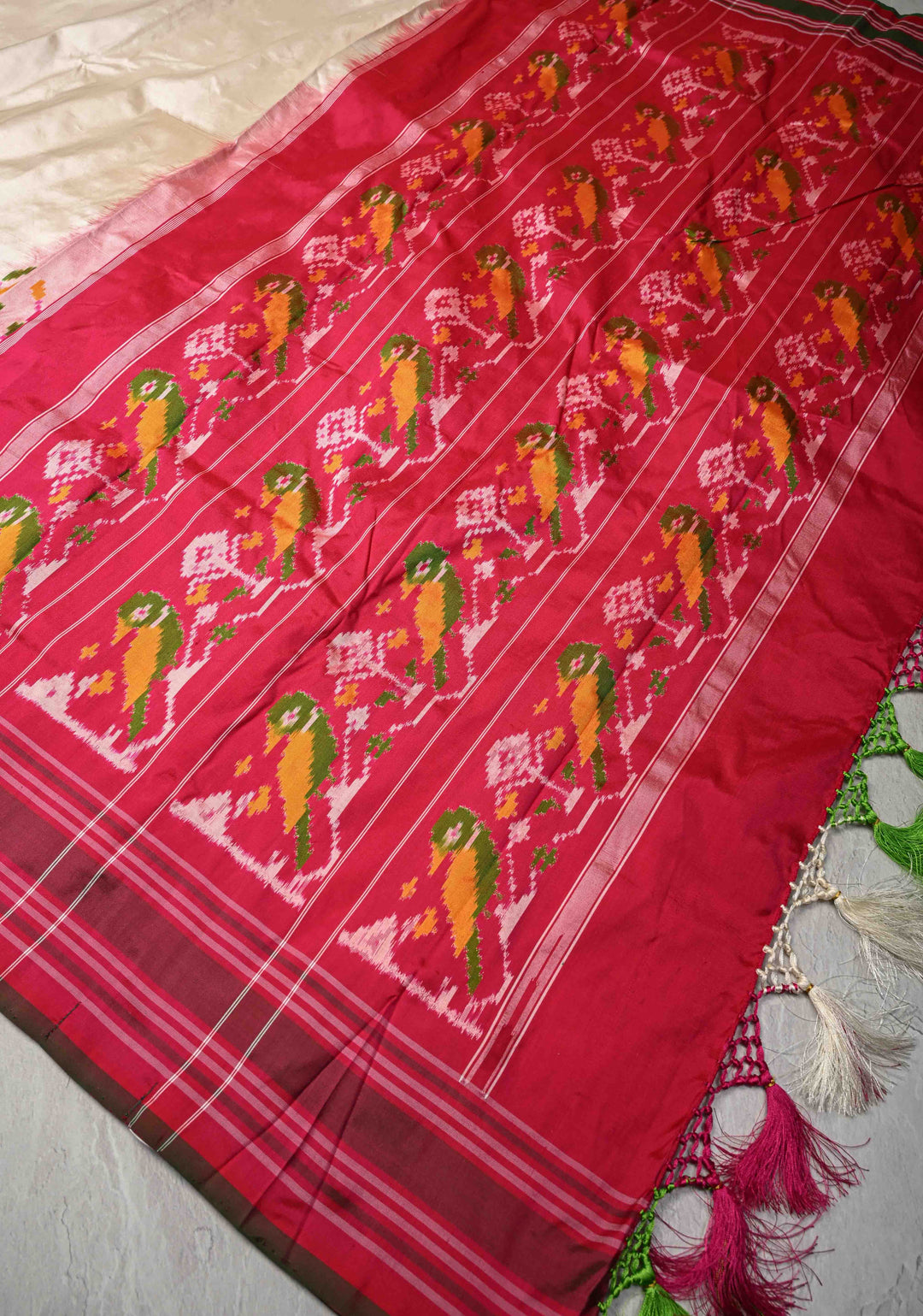 Off White Pochampally  Pure Silk Saree with Ikkat Tree motifs Contrast Border | SILK MARK CERTIFIED