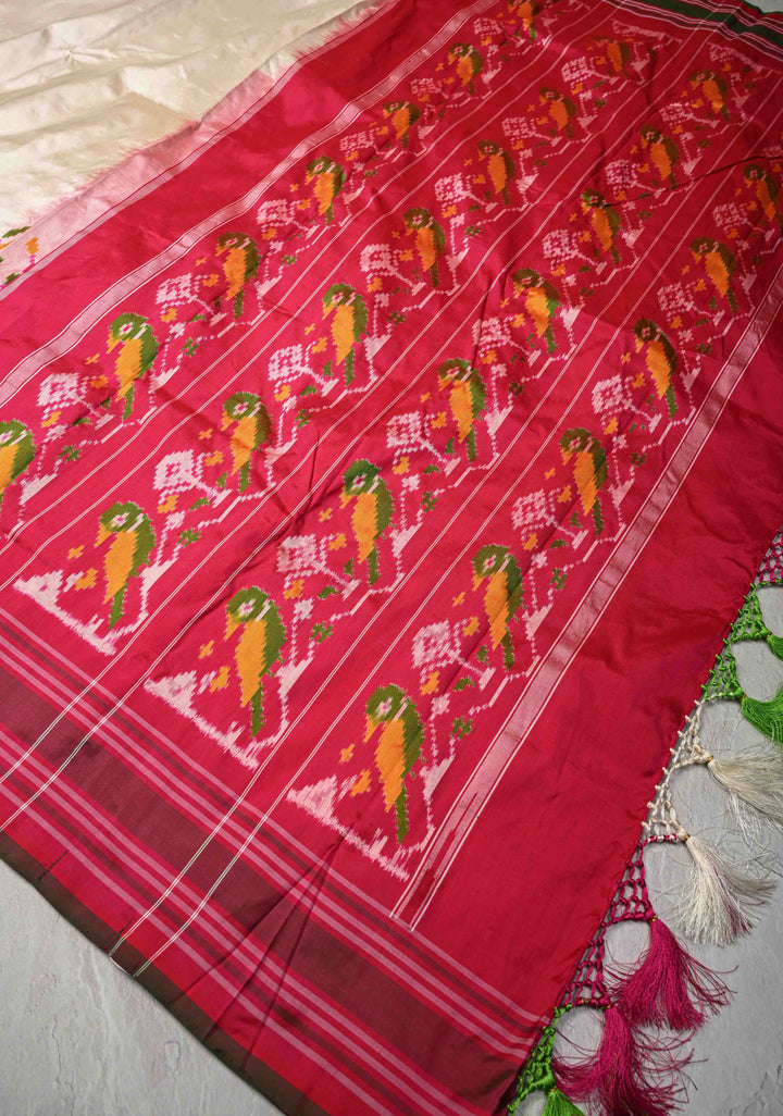 Off White Pochampally  Pure Silk Saree with Ikkat Tree motifs Contrast Border | SILK MARK CERTIFIED