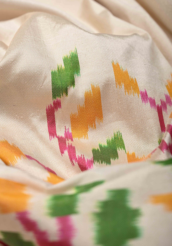 Off White Pochampally  Pure Silk Saree with Ikkat Tree motifs Contrast Border | SILK MARK CERTIFIED