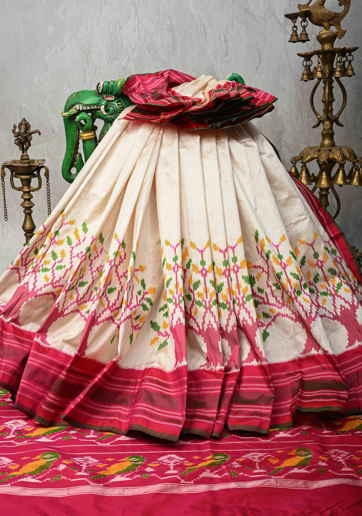 Off White Pochampally  Pure Silk Saree with Ikkat Tree motifs Contrast Border | SILK MARK CERTIFIED