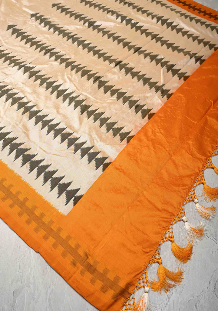 Off White Pochampally Ikkat Pure Silk Saree with Contrast Mustard Border | SILK MARK CERTIFIED