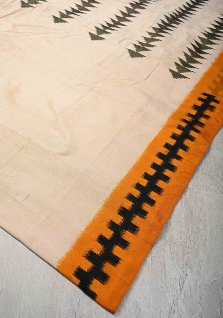 Off White Pochampally Ikkat Pure Silk Saree with Contrast Mustard Border | SILK MARK CERTIFIED