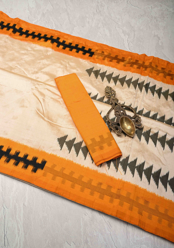 Off White Pochampally Ikkat Pure Silk Saree with Contrast Mustard Border | SILK MARK CERTIFIED
