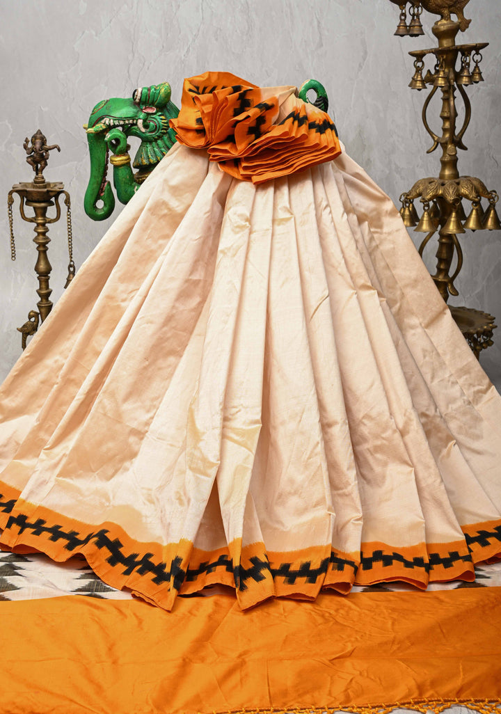 Off White Pochampally Ikkat Pure Silk Saree with Contrast Mustard Border | SILK MARK CERTIFIED