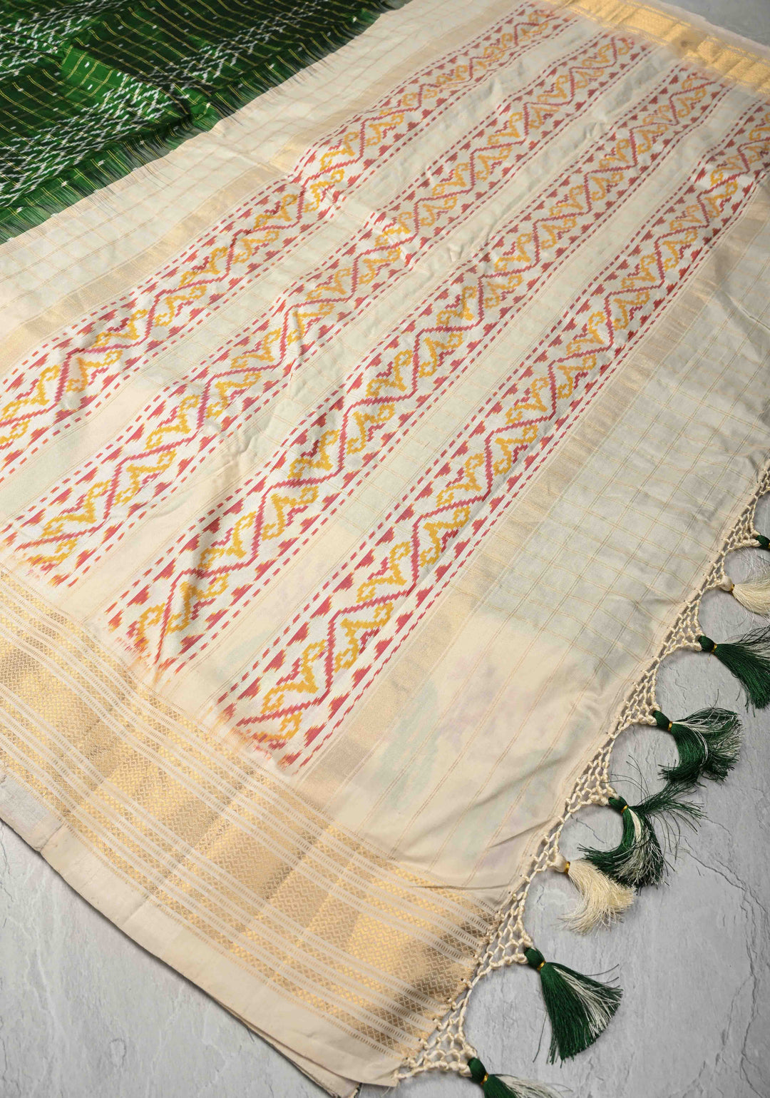 Bottle Green Zari Checks on Pochampally Ikkat Pure Silk Saree with Panel Design and Contrast Border | SILK MARK CERTIFIED