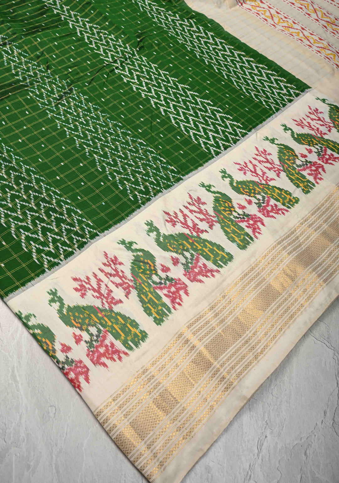 Bottle Green Zari Checks on Pochampally Ikkat Pure Silk Saree with Panel Design and Contrast Border | SILK MARK CERTIFIED