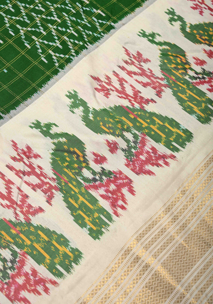 Bottle Green Zari Checks on Pochampally Ikkat Pure Silk Saree with Panel Design and Contrast Border | SILK MARK CERTIFIED