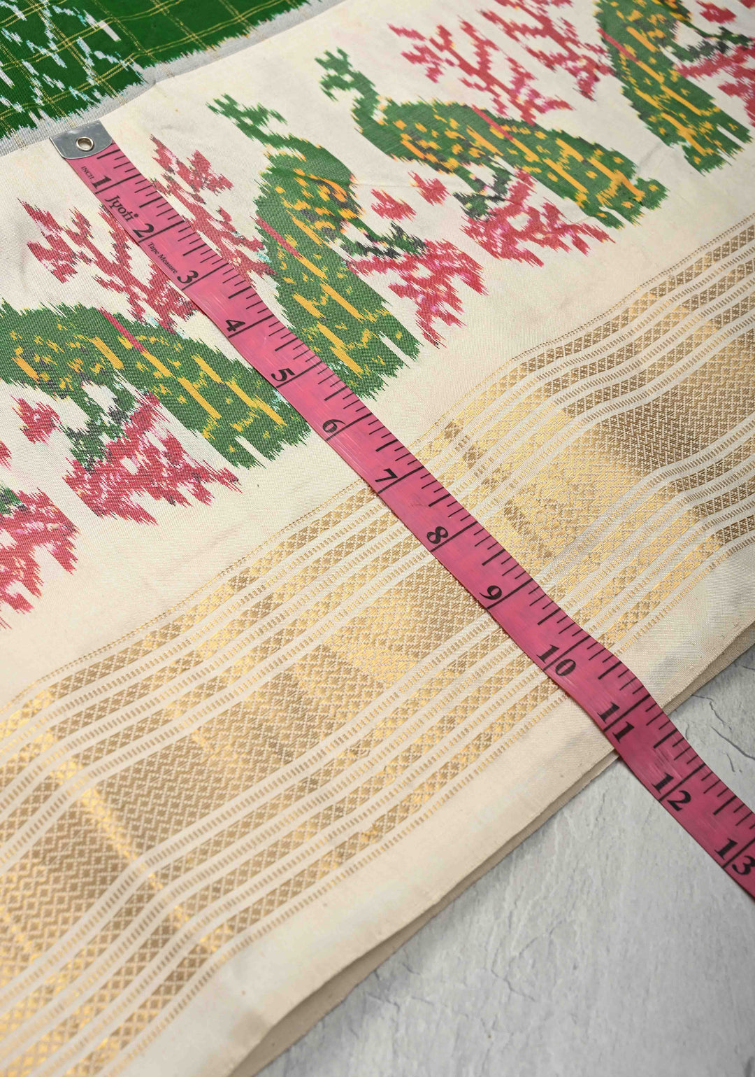 Bottle Green Zari Checks on Pochampally Ikkat Pure Silk Saree with Panel Design and Contrast Border | SILK MARK CERTIFIED